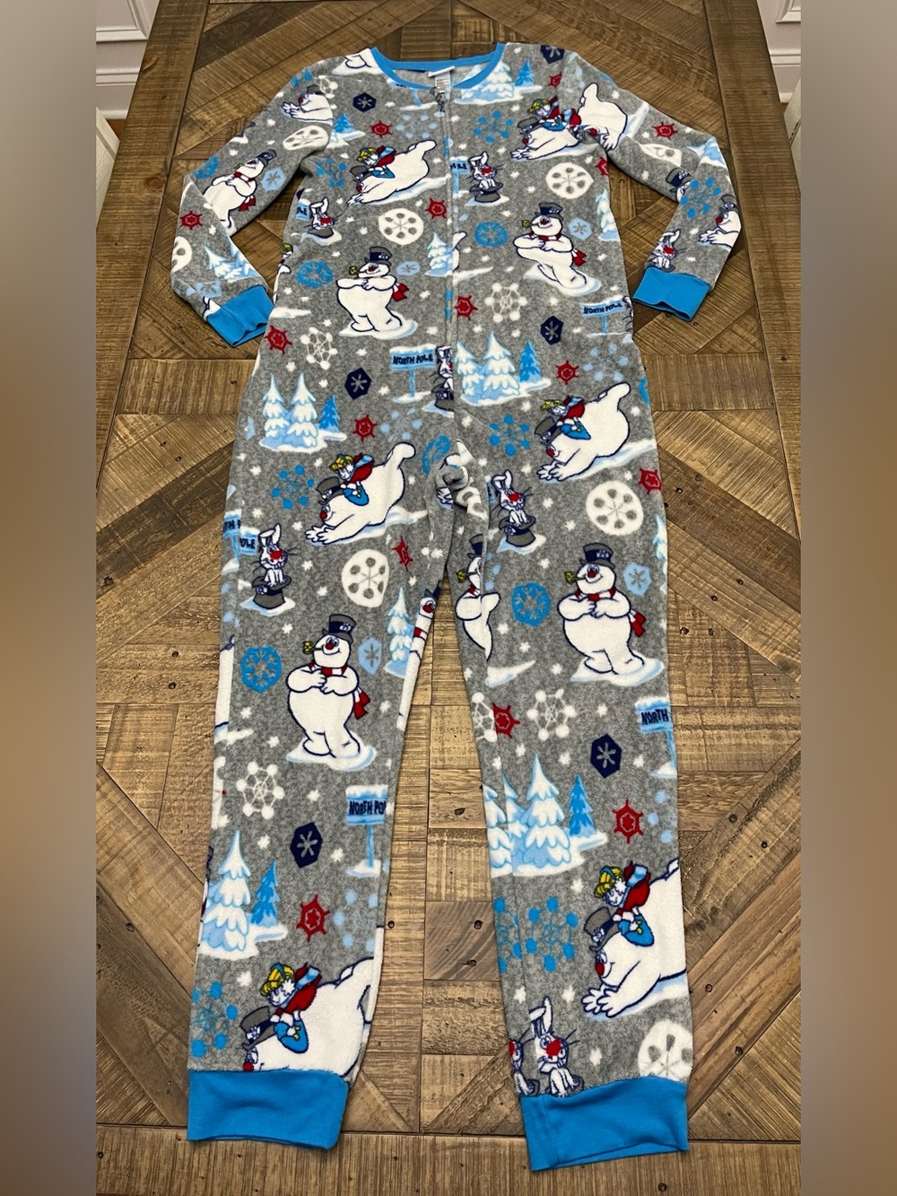 Winter Snowman Fleece One-Piece Pajama for Women - Gray/Blue
